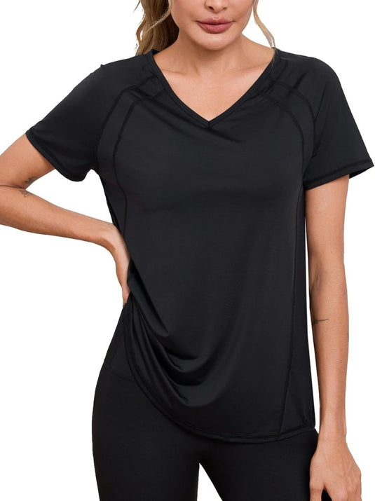 Sportshirt dames met V-hals en korte mouwen van ademende sneldrogende stof – fitnessshirt – yogakleding - happygetfit.com