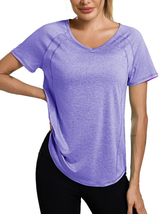 Sportshirt dames met V-hals en korte mouwen van ademende sneldrogende stof – fitnessshirt – yogakleding - happygetfit.com