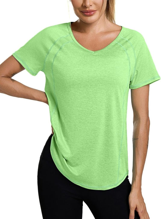 Sportshirt dames met V-hals en korte mouwen van ademende sneldrogende stof – fitnessshirt – yogakleding - happygetfit.com