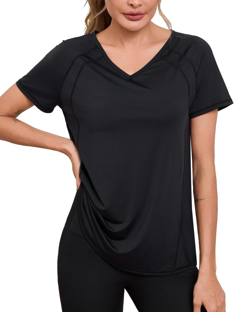 Laden Sie das Bild in Galerie -Viewer, Sportshirt dames met V-hals en korte mouwen van ademende sneldrogende stof – fitnessshirt – yogakleding - happygetfit.com
