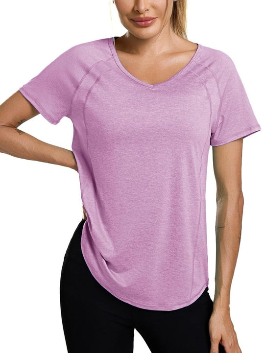Sportshirt dames met V-hals en korte mouwen van ademende sneldrogende stof – fitnessshirt – yogakleding - happygetfit.com