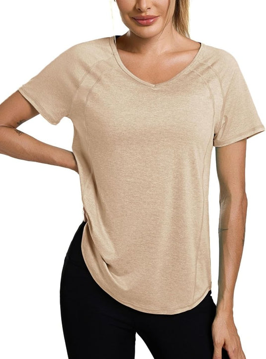 Sportshirt dames met V-hals en korte mouwen van ademende sneldrogende stof – fitnessshirt – yogakleding - happygetfit.com