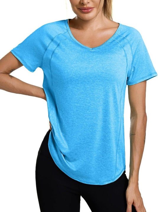 Sportshirt dames met V-hals en korte mouwen van ademende sneldrogende stof – fitnessshirt – yogakleding - happygetfit.com