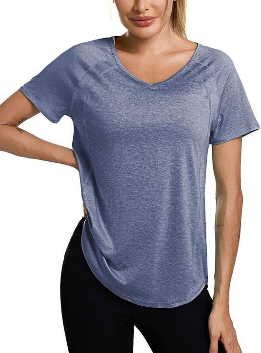Sportshirt dames met V-hals en korte mouwen van ademende sneldrogende stof – fitnessshirt – yogakleding - happygetfit.com