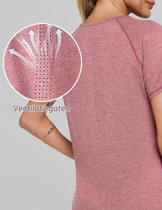 Sportshirt dames met V-hals en korte mouwen van ademende sneldrogende stof – fitnessshirt – yogakleding - happygetfit.com