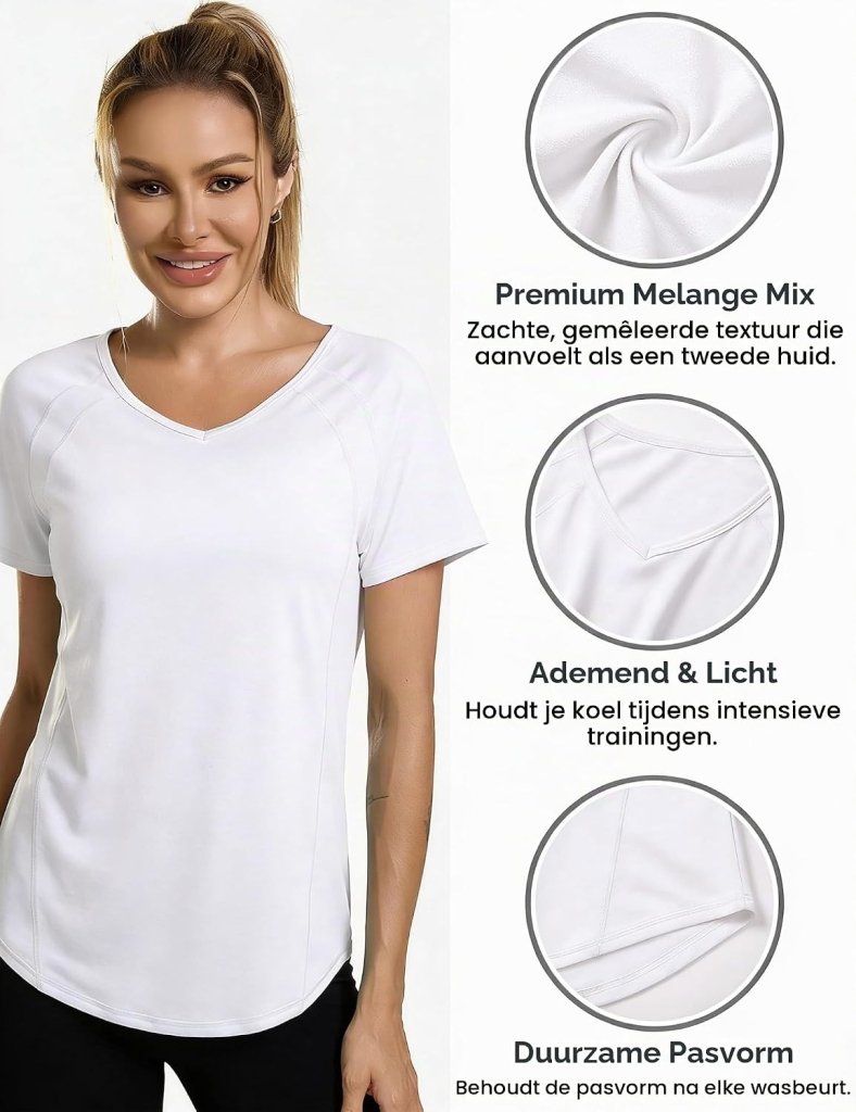 Laden Sie das Bild in Galerie -Viewer, Sportshirt dames met V-hals en korte mouwen van ademende sneldrogende stof – fitnessshirt – yogakleding - happygetfit.com
