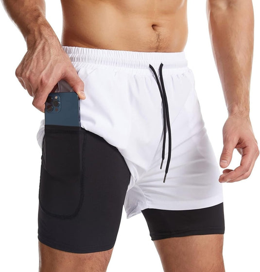 Sportshort heren 2-in-1 met compressiebroek en zakken met ritssluiting – hardloopbroek – fitnesskleding - happygetfit.com