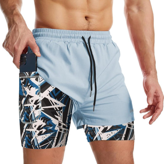 Sportshort heren 2-in-1 met compressiebroek en zakken met ritssluiting – hardloopbroek – fitnesskleding - happygetfit.com