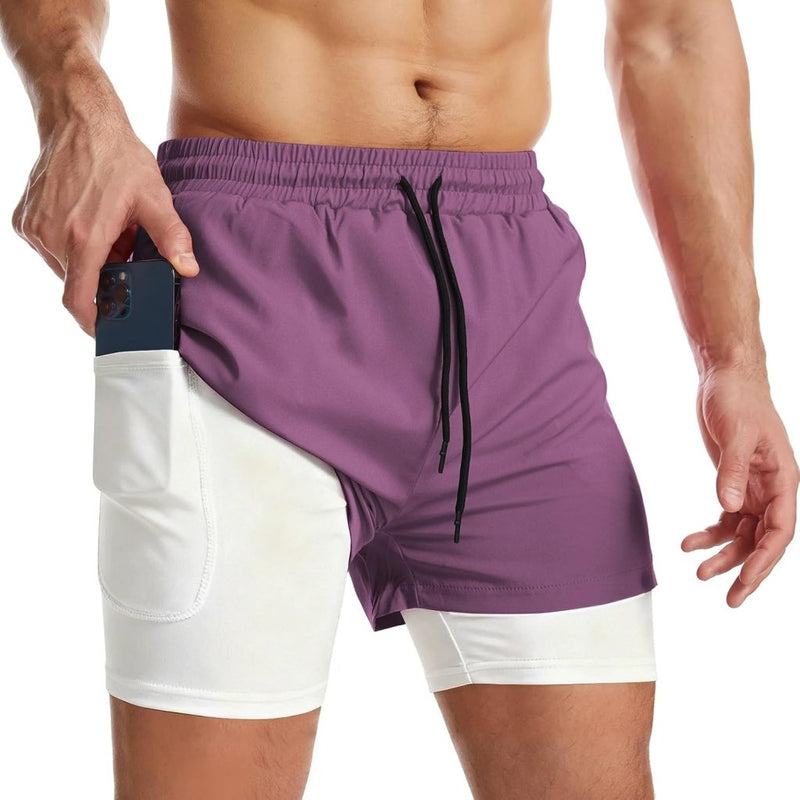 Laad afbeelding in Galerijviewer, Sportshort heren 2-in-1 met compressiebroek en zakken met ritssluiting – hardloopbroek – fitnesskleding - happygetfit.com
