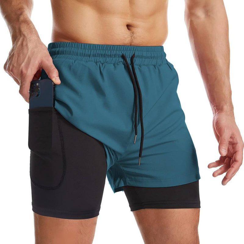 Laad afbeelding in Galerijviewer, Sportshort heren 2-in-1 met compressiebroek en zakken met ritssluiting – hardloopbroek – fitnesskleding - happygetfit.com
