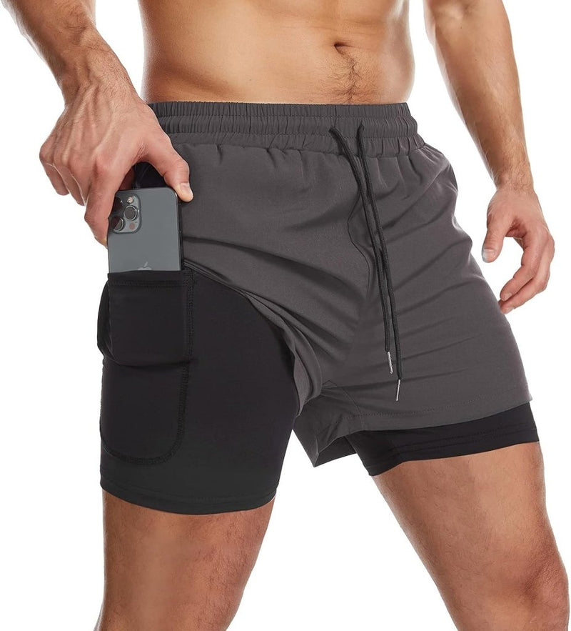 Laad afbeelding in Galerijviewer, Sportshort heren 2-in-1 met compressiebroek en zakken met ritssluiting – hardloopbroek – fitnesskleding - happygetfit.com
