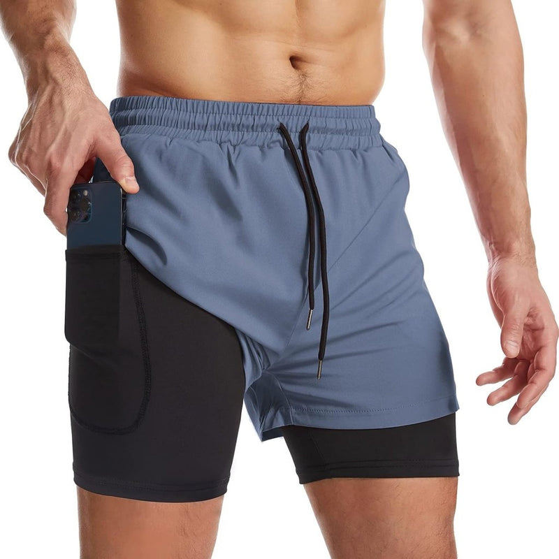 Laad afbeelding in Galerijviewer, Sportshort heren 2-in-1 met compressiebroek en zakken met ritssluiting – hardloopbroek – fitnesskleding - happygetfit.com
