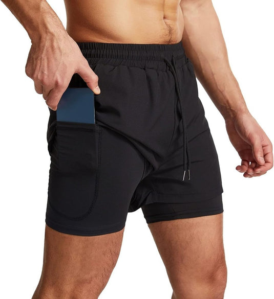 Sportshort heren 2-in-1 met compressiebroek en zakken met ritssluiting – hardloopbroek – fitnesskleding - happygetfit.com