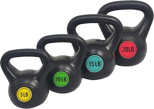 Sporzon! Kettlebell met brede grip, fitnessgewicht, set van 4, inclusief 2,3 kg, 4,5 kg, 6,8 kg, 9,1 kg, meerkleurig - happygetfit.com
