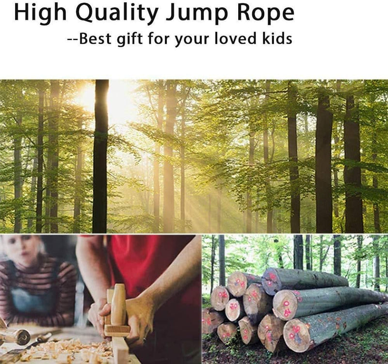 Laad afbeelding in Galerijviewer, Collageafbeelding: Zonovergoten bos, twee mensen die hout bewerken en een stapel gekapte boomstammen. De tekst luidt: &quot;Springtouw voor kinderen – Spelenderwijs actief! Perfect cadeau voor een gezonde levensstijl voor uw geliefde kinderen.
