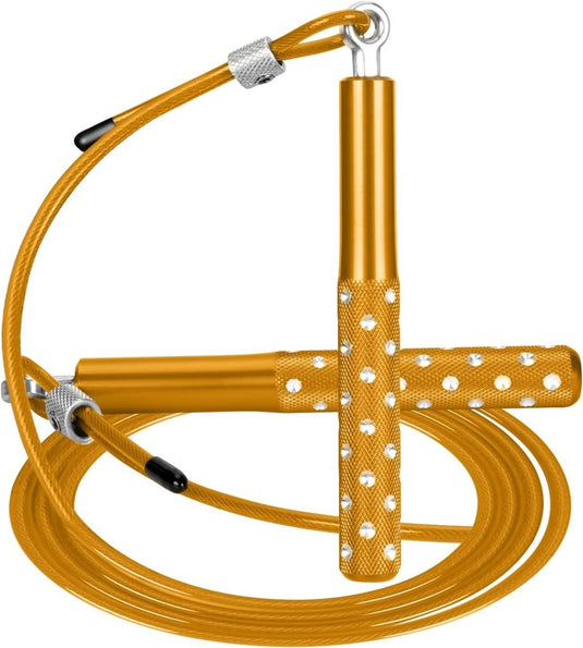 Het Maximaliseer je training met het verstelbare springtouw is voorzien van een gele verstelbare kabel en een antislip aluminium handvat voor aanpasbare lengte.