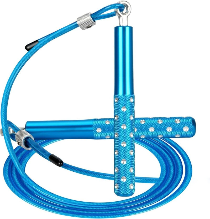 Laad afbeelding in Galerijviewer, Het Maximaliseer je training springtouw is blauw, met antislip aluminium handvatten, een gecoate kabel en textuurgrip, ideaal voor fitness en oefening.
