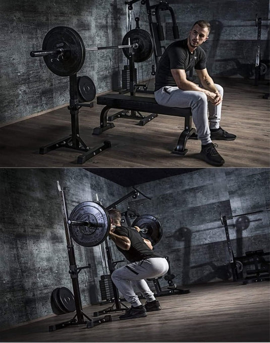 Squat rek, halterrek, halterstandaard, maximale belasting 200 kg, stalen frame, verstelbare hoogte, 105-160cm. Ideaal voor spier-, squat- en bankoefeningen - happygetfit.com