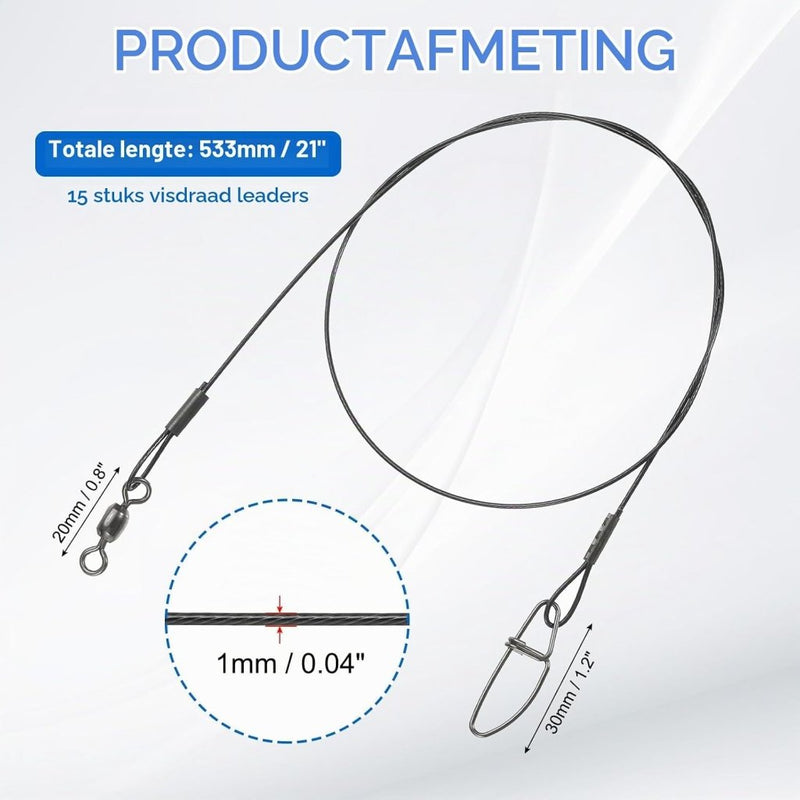Load image into Gallery viewer, Stalen visonderlijnen 53,3 cm 56,7 kg 15 stuks met wartel en snap – leaderlijn – visaccessoires - happygetfit.com
