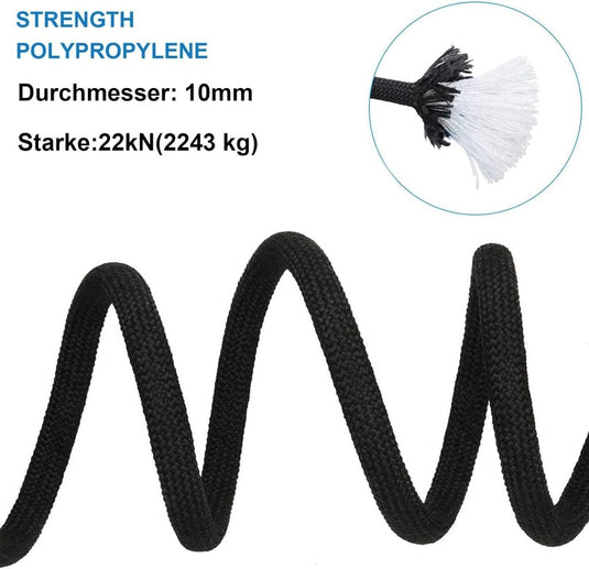 Statisch outdoor touw 40 m x 10 mm – met 2 stalen haken – gevlochten touw voor camping, wandelen, vissen en slepen – zwart - happygetfit.com