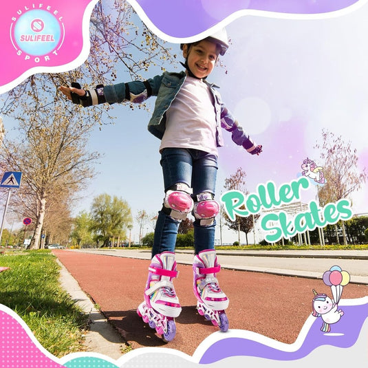 SULIFEEL Rainbow Unicorn Verstelbare zwarte rolschaatsen voor kinderen, met lichtgevende wielen, voor jongens - happygetfit.com