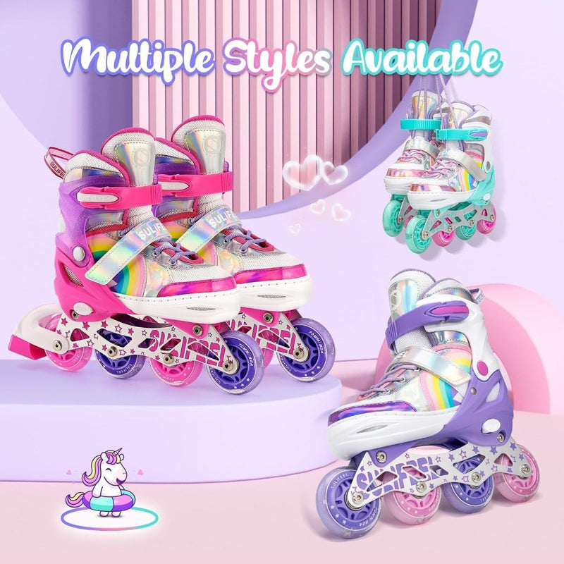 Load image into Gallery viewer, SULIFEEL Rainbow Unicorn Verstelbare zwarte rolschaatsen voor kinderen, met lichtgevende wielen, voor jongens - happygetfit.com
