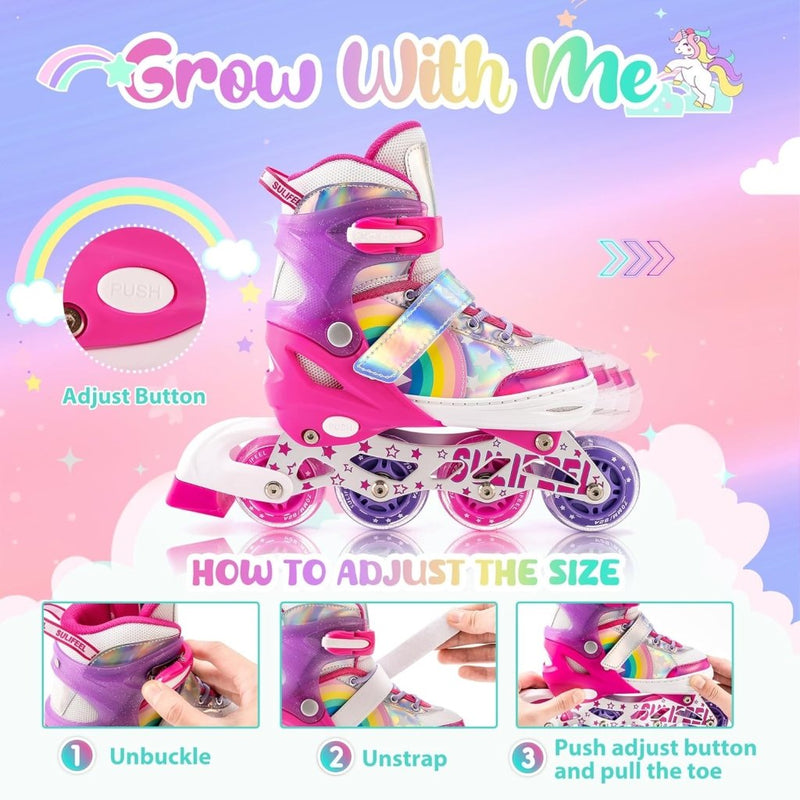 Load image into Gallery viewer, SULIFEEL Rainbow Unicorn Verstelbare zwarte rolschaatsen voor kinderen, met lichtgevende wielen, voor jongens - happygetfit.com
