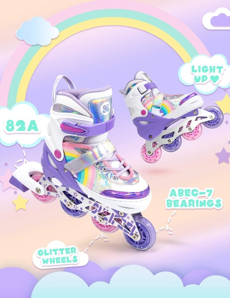 Load image into Gallery viewer, SULIFEEL Rainbow Unicorn Verstelbare zwarte rolschaatsen voor kinderen, met lichtgevende wielen, voor jongens - happygetfit.com
