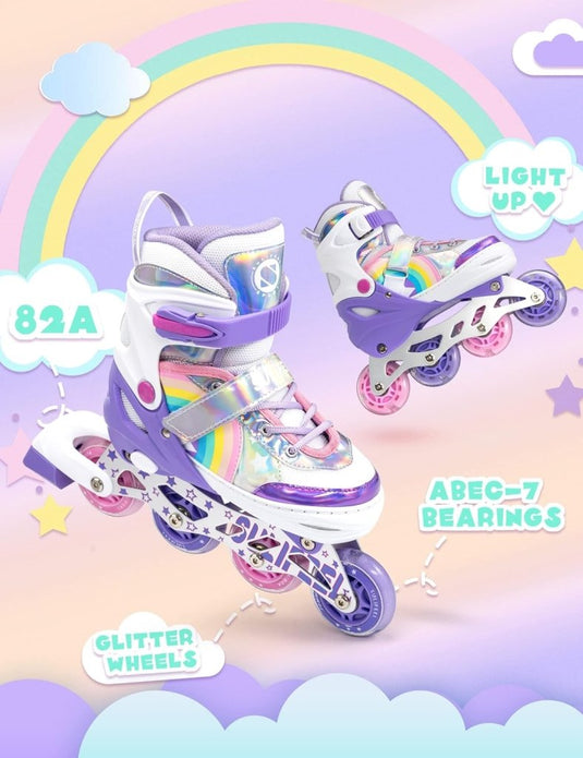 SULIFEEL Rainbow Unicorn Verstelbare zwarte rolschaatsen voor kinderen, met lichtgevende wielen, voor jongens - happygetfit.com