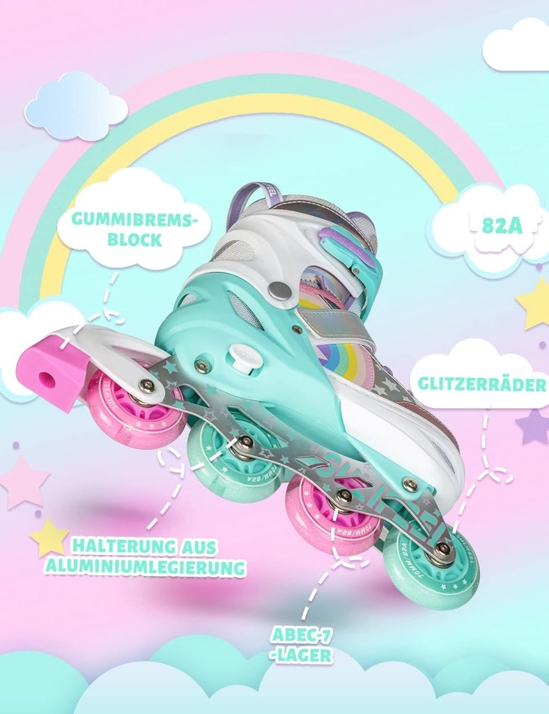 Load image into Gallery viewer, SULIFEEL Rainbow Unicorn Verstelbare zwarte rolschaatsen voor kinderen, met lichtgevende wielen, voor jongens - happygetfit.com

