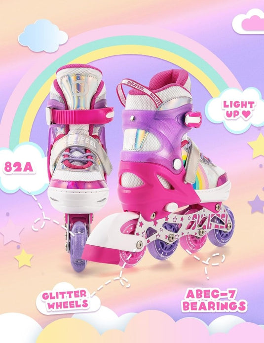 SULIFEEL Rainbow Unicorn Verstelbare zwarte rolschaatsen voor kinderen, met lichtgevende wielen, voor jongens - happygetfit.com