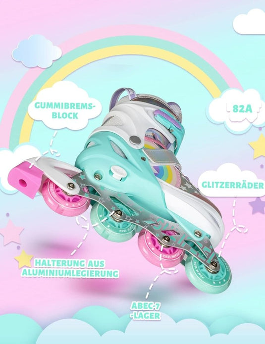 SULIFEEL Rainbow Unicorn Verstelbare zwarte rolschaatsen voor kinderen, met lichtgevende wielen, voor jongens - happygetfit.com