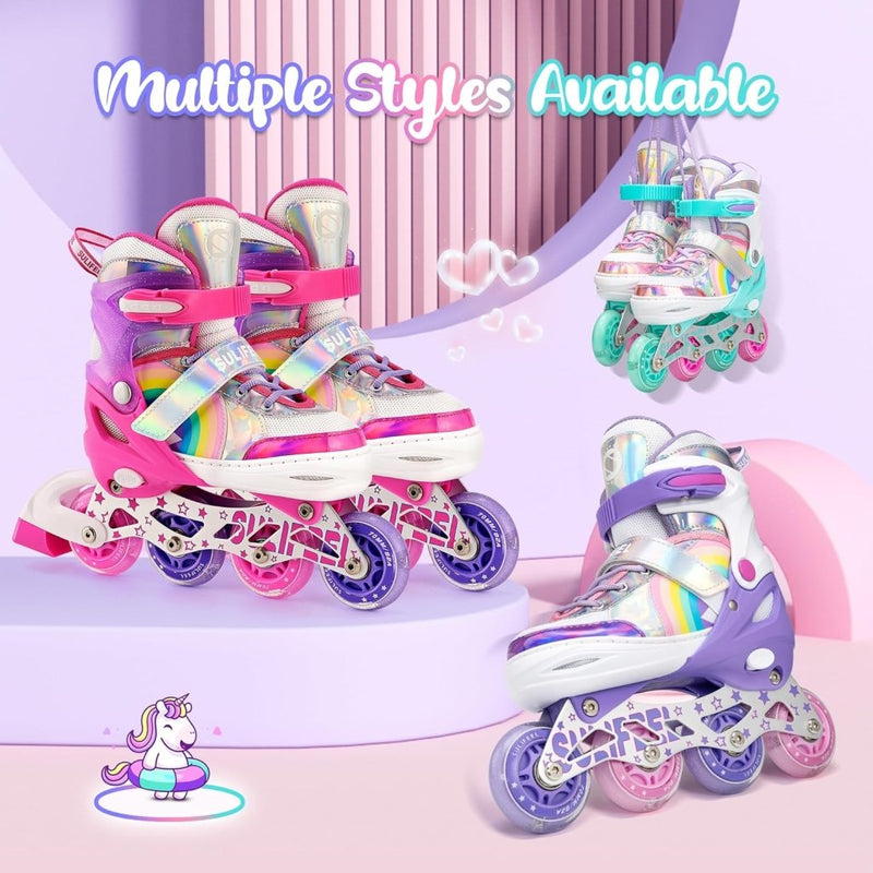Load image into Gallery viewer, SULIFEEL Rainbow Unicorn Verstelbare zwarte rolschaatsen voor kinderen, met lichtgevende wielen, voor jongens - happygetfit.com
