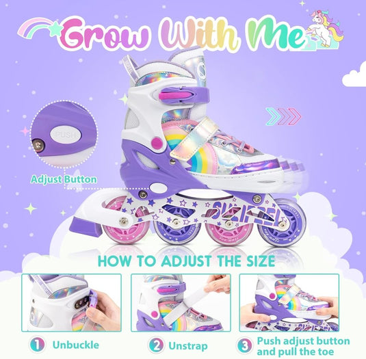 SULIFEEL Rainbow Unicorn Verstelbare zwarte rolschaatsen voor kinderen, met lichtgevende wielen, voor jongens - happygetfit.com