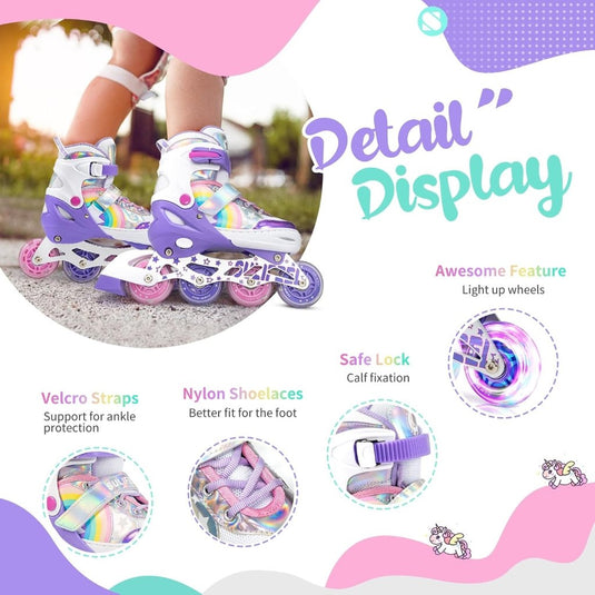 SULIFEEL Rainbow Unicorn Verstelbare zwarte rolschaatsen voor kinderen, met lichtgevende wielen, voor jongens - happygetfit.com