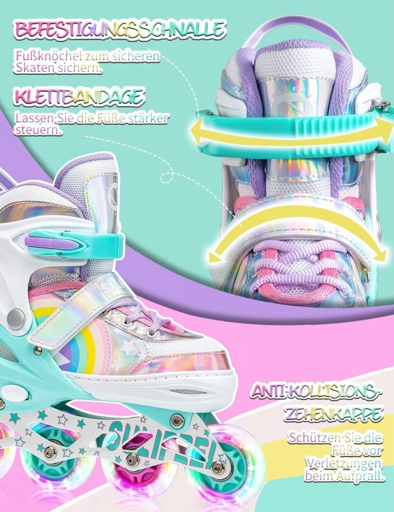 Load image into Gallery viewer, SULIFEEL Rainbow Unicorn Verstelbare zwarte rolschaatsen voor kinderen, met lichtgevende wielen, voor jongens - happygetfit.com
