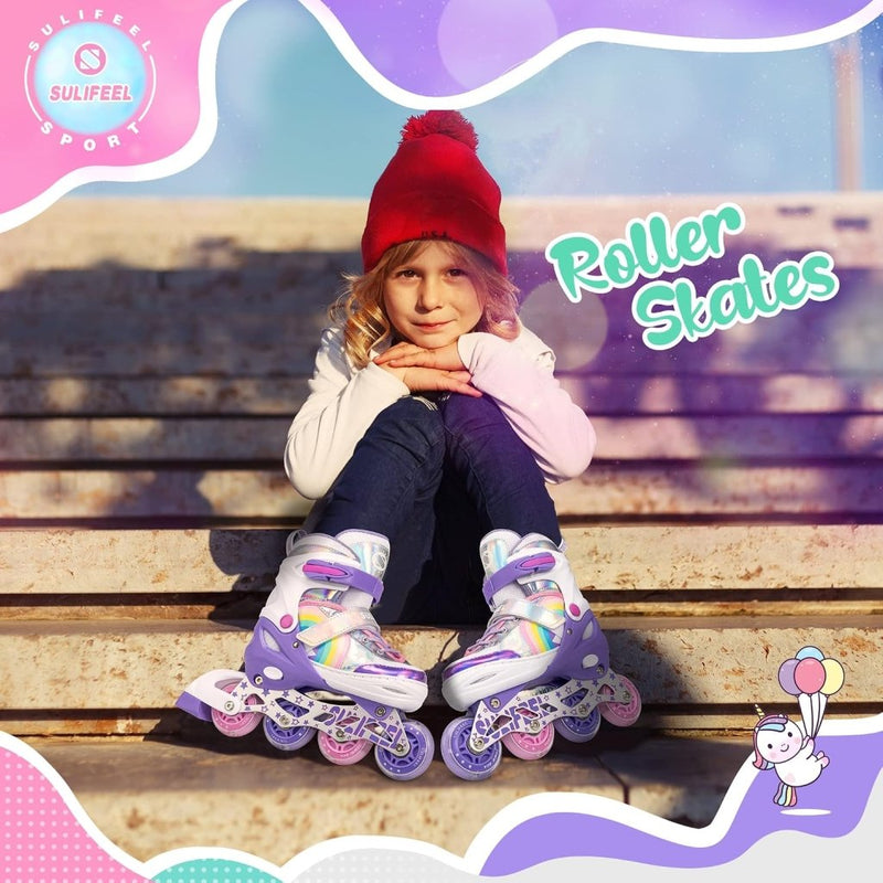 Load image into Gallery viewer, SULIFEEL Rainbow Unicorn Verstelbare zwarte rolschaatsen voor kinderen, met lichtgevende wielen, voor jongens - happygetfit.com
