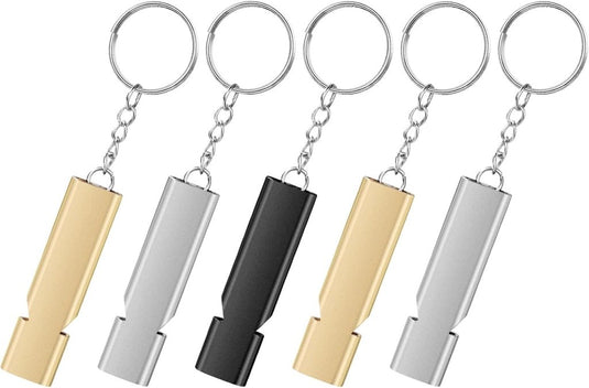 Survivalfluitjes 5 stuks van aluminium met dubbele luchtbuis en sleutelhanger tot 120 dB – noodfluitjes – signaalfluitjes - happygetfit.com