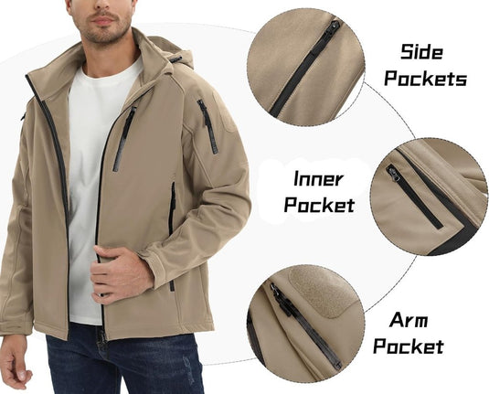 TACVASEN Softshell Herenjack Waterafstotend Militair Jack Warm Outdoorjack met Meerdere Ritszakken - happygetfit.com
