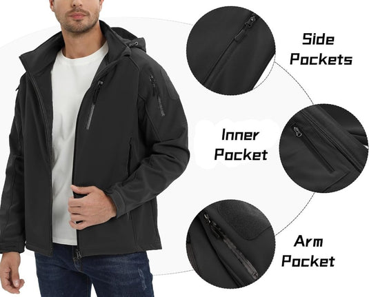 TACVASEN Softshell Herenjack Waterafstotend Militair Jack Warm Outdoorjack met Meerdere Ritszakken - happygetfit.com