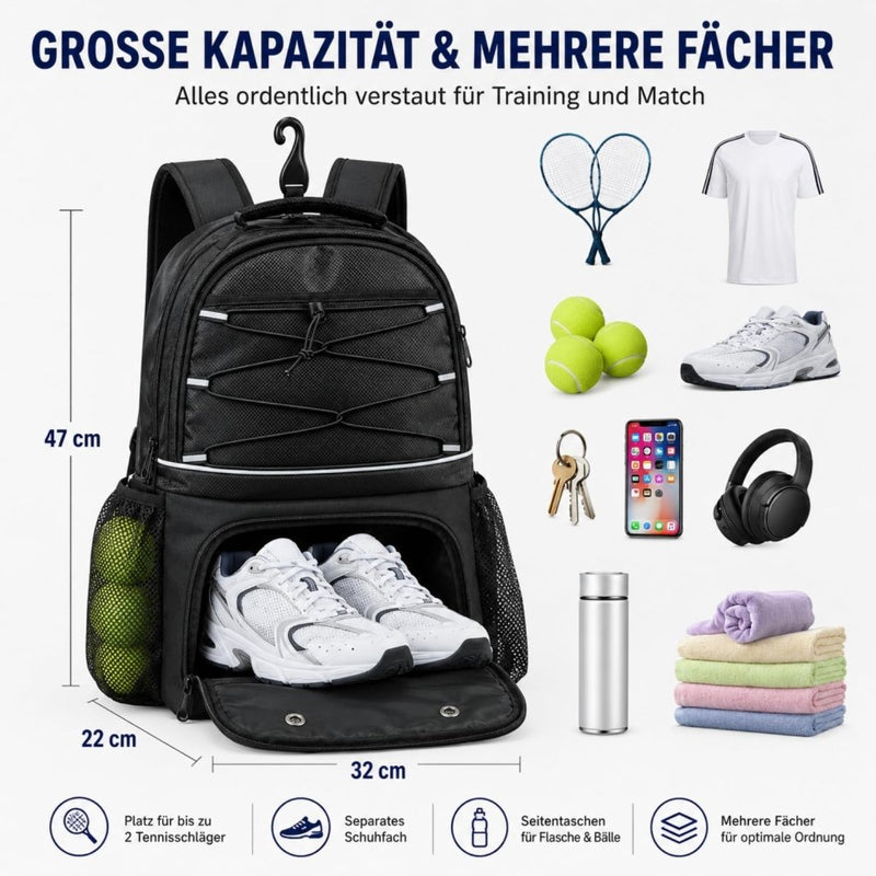 Laden Sie das Bild in Galerie -Viewer, Tennisrugzak met schoenenvak voor 2 rackets zwart - happygetfit.com
