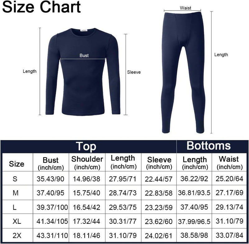 Laad afbeelding in Galerijviewer, De maattabel voor &quot;Blijf warm en comfortabel met thermisch ondergoed voor heren&quot; bevat maten in inches en centimeters voor buste, schouder, lengte, mouw en taille. Verkrijgbaar in de maten S-2X. Deze vochtafvoerend verwijderde stof zorgt voor comfort de hele dag door met zijn warme boven- en onderkant.
