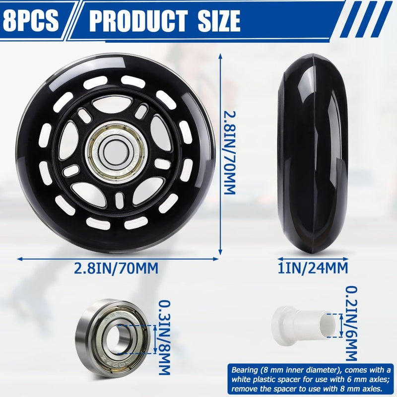 Laad afbeelding in Galerijviewer, TOBWOLF 8 Pack 76mm 84A Inline Skate Wheels with ABEC-7 Bearings, Roller Skate Replacement Wheels for Girls &amp; Boys Roller Blade Skating - Black - happygetfit.com
