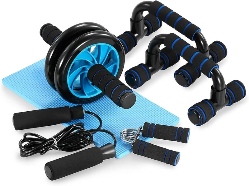 Laden Sie das Bild in Galerie -Viewer, TOMSHOO Fitnessapparatuur 5-in-1 buikwiel + pompgreep + springtouw + handklem + kniemat complete set voor fitness, oefeningen, krachttraining - happygetfit.com

