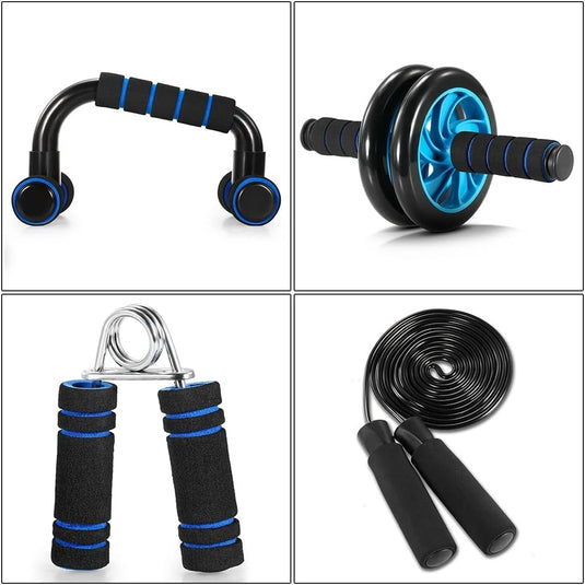 TOMSHOO Fitnessapparatuur 5-in-1 buikwiel + pompgreep + springtouw + handklem + kniemat complete set voor fitness, oefeningen, krachttraining - happygetfit.com