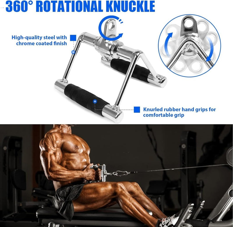 Laad afbeelding in Galerijviewer, De afbeelding toont een verchroomde roterende knokkel met gekartelde rubberen handgrepen. Hieronder gebruikt iemand het voor een kabelroeioefening. Deze triceps pull down attachment is perfect voor het versterken van de Latissimus Dorsi thuis, wat het een ideale thuisgym accessoire maakt.
