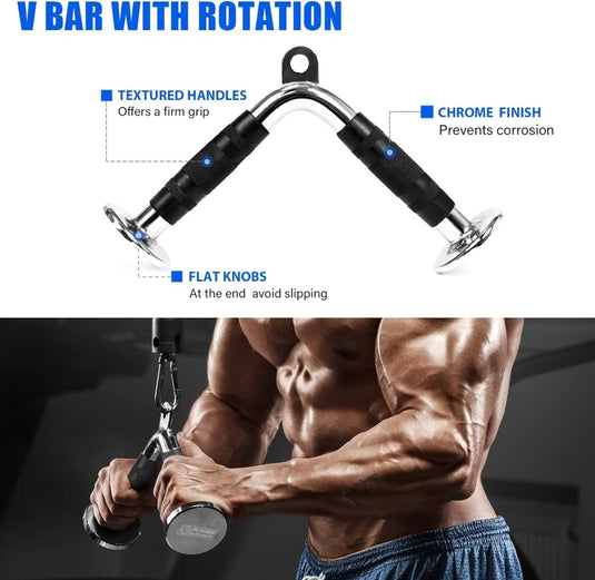 De "Verbeter je training met deze triceps pull down attachment!" is een V-vormige oefenstang met getextureerde handgrepen, chromen afwerking en platte knoppen, ideaal voor triceps pull downs. De afbeelding toont de stang in actie tijdens een workout.