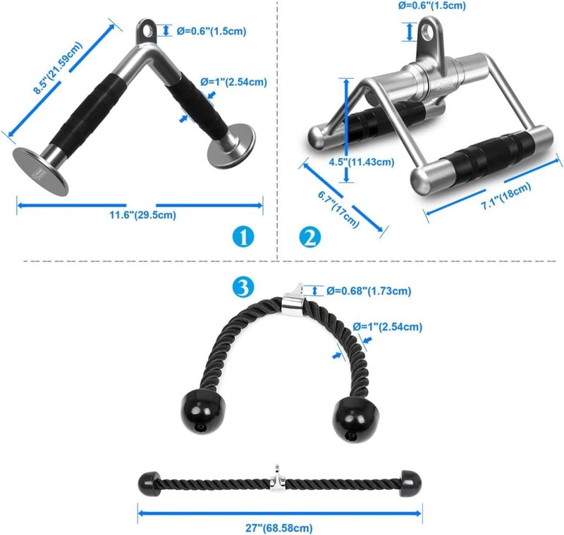 Laad afbeelding in Galerijviewer, Upgrade uw fitnessroutine met deze &#39;Verbeter je training met deze triceps pull down attachment!&#39; set, die een V-stang (8,5&quot;x5&quot;), een tricepsstang (7&quot;x4,5&quot;) en een 27&quot; touw bevat - ideaal voor Latissimus Dorsi-trainingen en veelzijdig gebruik in de sportschool thuis.

