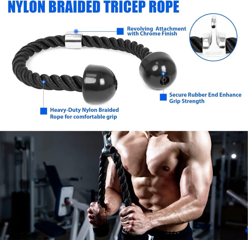 Laad afbeelding in Galerijviewer, Het product, &quot;Verbeter je training met deze triceps pull down attachment!&quot; heeft een nylon gevlochten triceps touw met chromen afwerking en veilige rubberen uiteinden. Een man demonstreert de effectiviteit ervan voor triceps pull downs en Latissimus Dorsi versterking in elke sportschoolomgeving.

