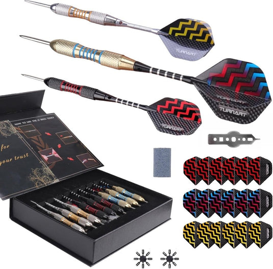 Turnart Darts Metal Tip Set Steel Tip Darts Darts Set Metal Tip Darts Set Professional Metal Darts 9 Pcs 24 Gram 20 O-Rings Aluminum Shafts 27 Extra Flights Darts Tool Exquisite Packaging (Gold) - happygetfit.com
